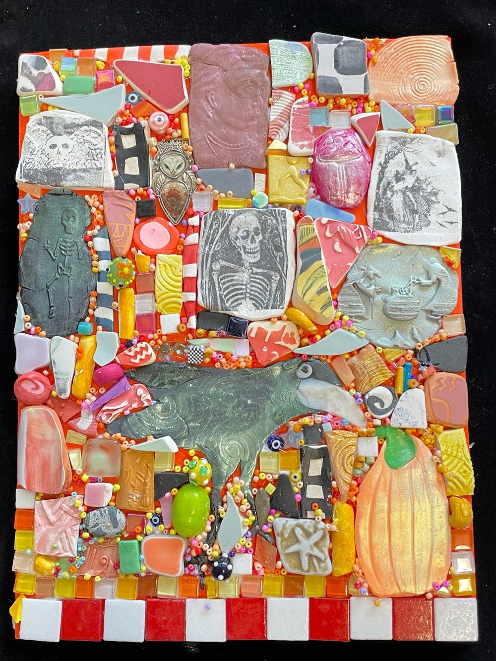 Handmade Mosaic Halloween Time3 Polymer Clay &Glass Original Art Wood 12”x9”